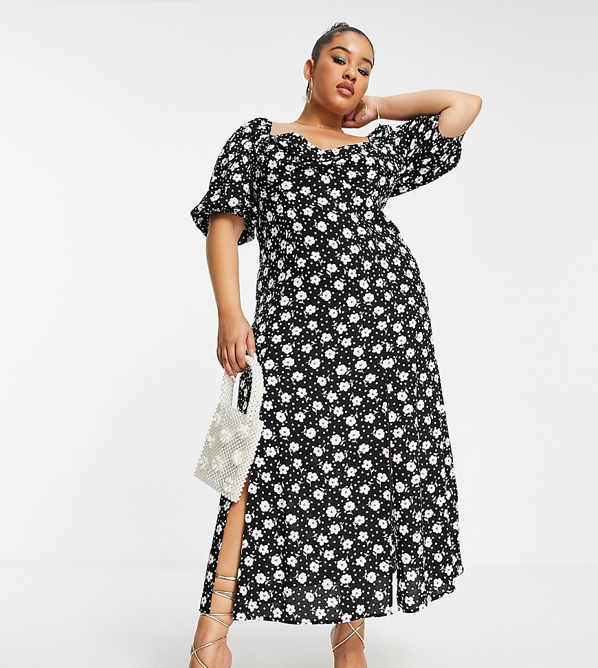 ASOS DESIGN Curve puff sleeve ruched bust midi split dress in mono floral and heart print-Multi
