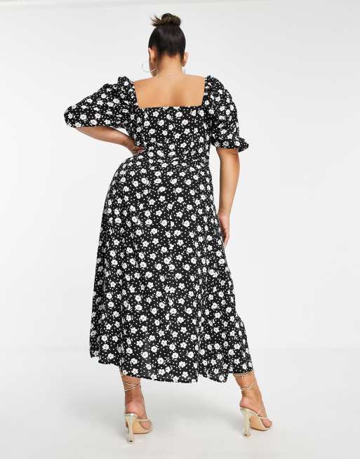 Plus Black Puff Sleeve Ruched Split Midi Dress