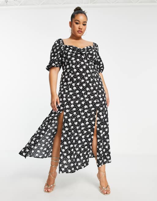 Plus Black Puff Sleeve Ruched Split Midi Dress