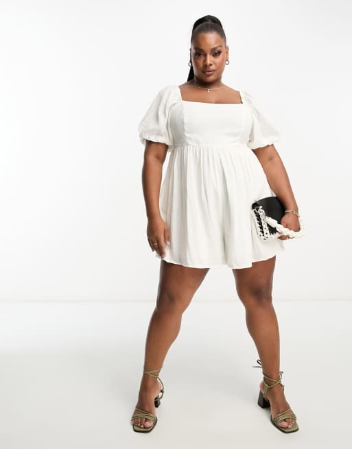 ASOS DESIGN Curve puff sleeve smock romper in ivory | ASOS