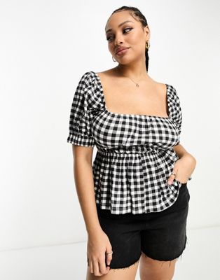 ASOS DESIGN Curve puff sleeve textured smock blouse in gingham