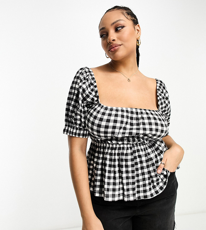 Asos Curve Asos Design Curve Puff Sleeve Textured Smock Blouse In Gingham-multi