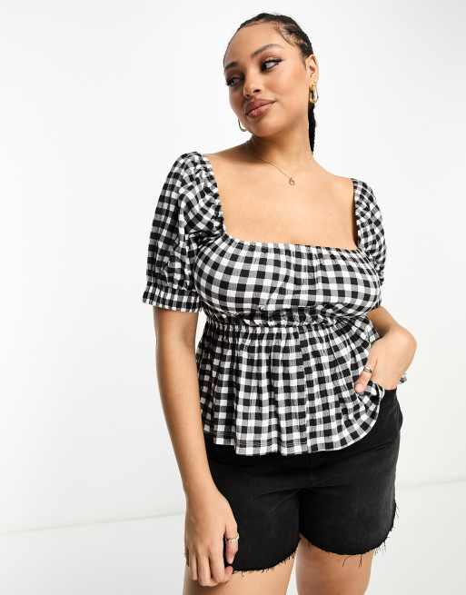 ASOS DESIGN Curve puff sleeve textured smock blouse in gingham