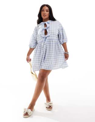 ASOS DESIGN Curve puff sleeve tie front mini dress in blue gingham print-Multi