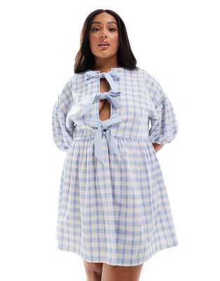 ASOS DESIGN Curve puff sleeve tie front mini dress in blue gingham print |  ASOS