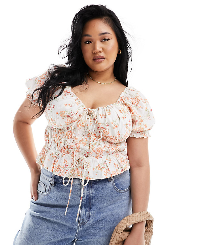 ASOS DESIGN Curve puff sleeve top in ditsy floral-Multi