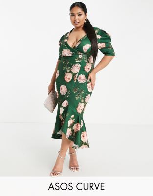 ASOS DESIGN Curve puff sleeve tux midi dress in teal floral print