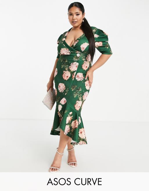 ASOS DESIGN Curve puff sleeve tux midi dress in teal floral print | ASOS