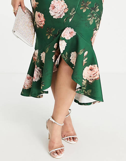  Curve puff sleeve tux midi dress in teal floral print 