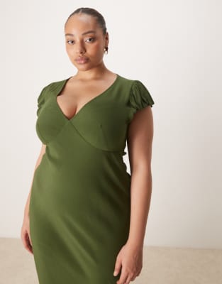 Asos Curve Asos Design Curve Puff Sleeve V-neck Midaxi Day Dress In Green