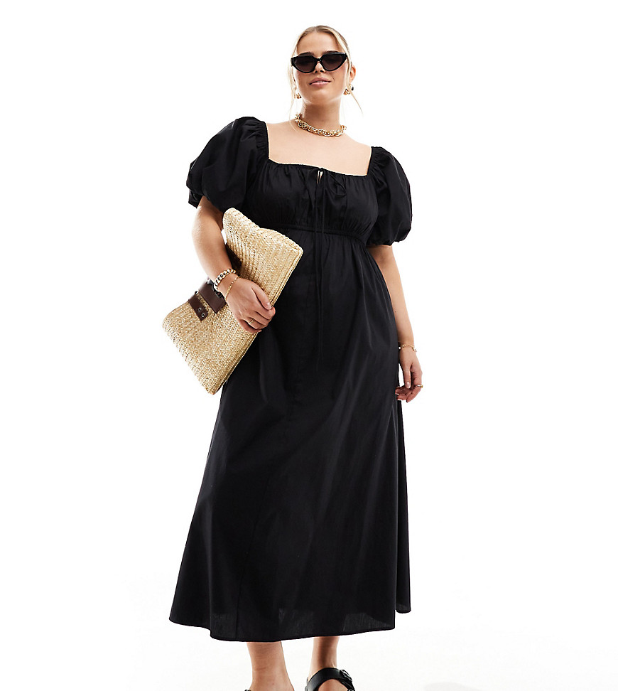 ASOS DESIGN Curve puffed sleeve smock midi dress in black
