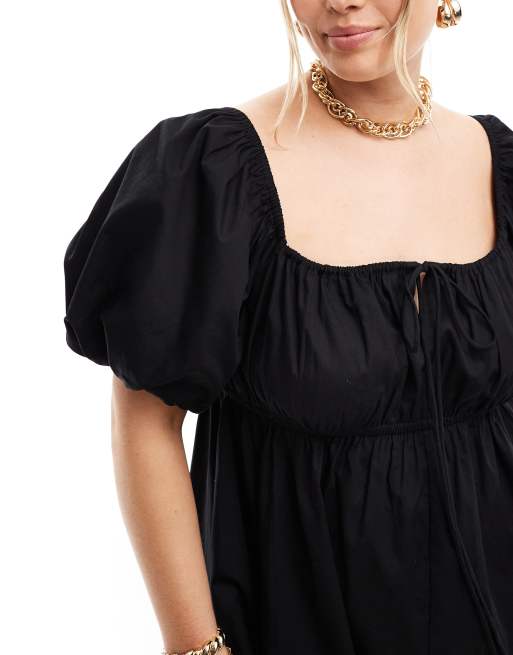 ASOS DESIGN Curve puffed sleeve smock midi dress in black | ASOS