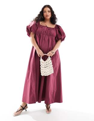 ASOS DESIGN Curve puffed sleeve smock midi dress in burgundy-Red