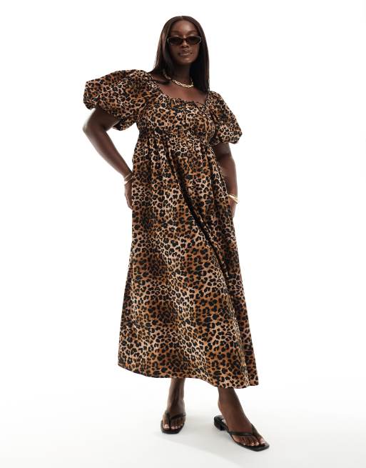 ASOS Design Curve puffed sleeve smock midi dress in leopard print Multi