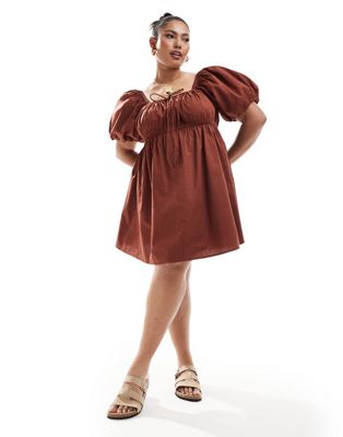 ASOS DESIGN Curve puffed sleeve smock mini dress in brown