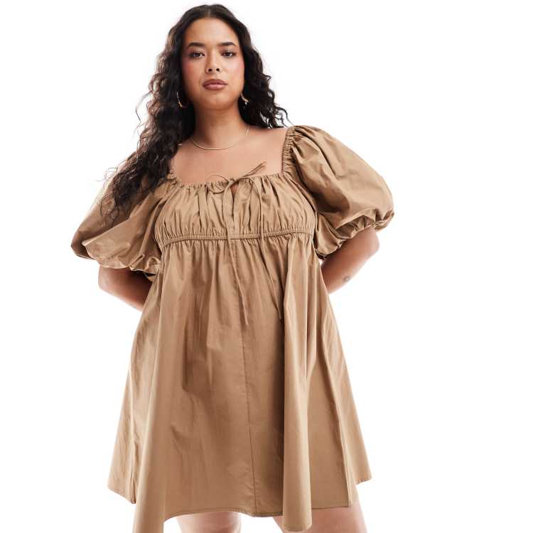 ASOS DESIGN Curve puffed sleeve smock mini dress in tiger eye ASOS