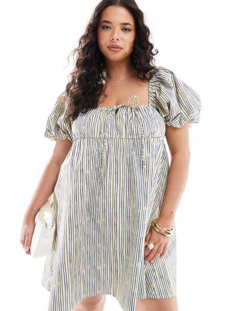 ASOS DESIGN Curve puffed sleeve smock mini dress in yellow stripe - view 1