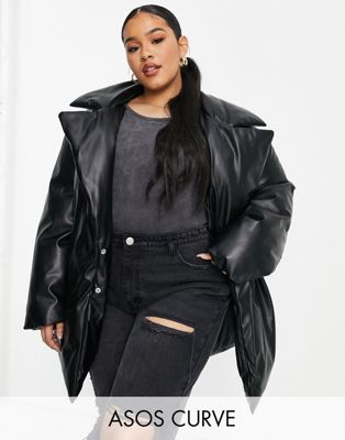 ASOS DESIGN Curve puffer faux leather coat with cinch belted detail - ASOS Price Checker