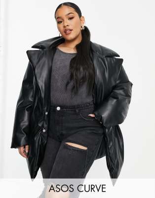 ASOS DESIGN Curve puffer faux leather coat with cinch belted detail-Black