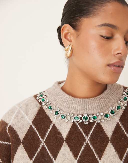 ASOS DESIGN Curve - Pull à encolure ornementée et motif losanges - Marron, 3 de 4
