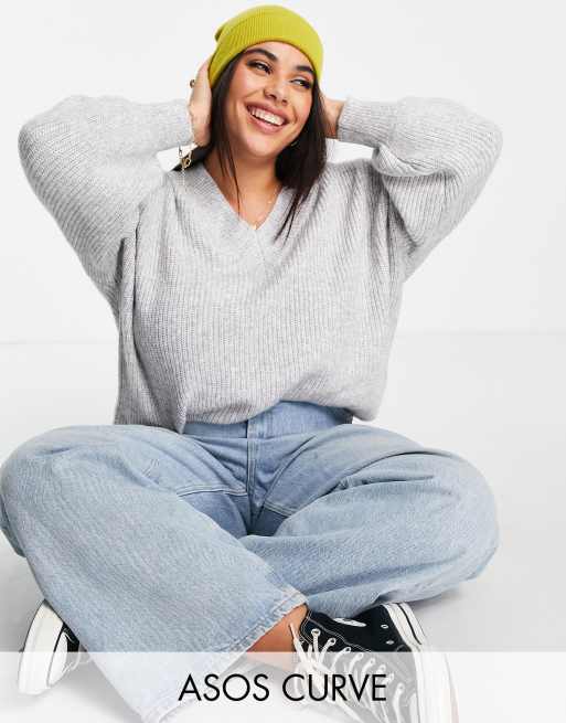 ASOS DESIGN Curve - Pull col V duveteux - Gris