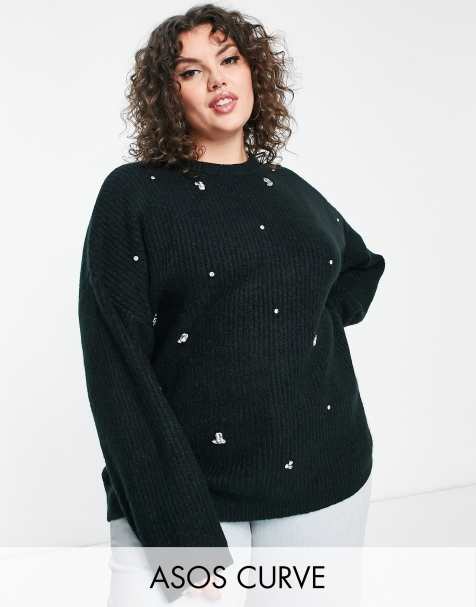 ASOS DESIGN Curve - Pull côtelé orné de pierres - Noir - view 1
