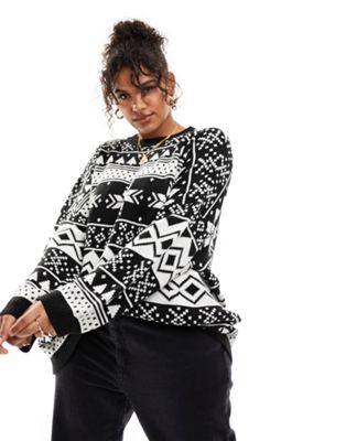 ASOS DESIGN Curve oversized Christmas jumper in fairisle pattern in black and white - ASOS Price Checker
