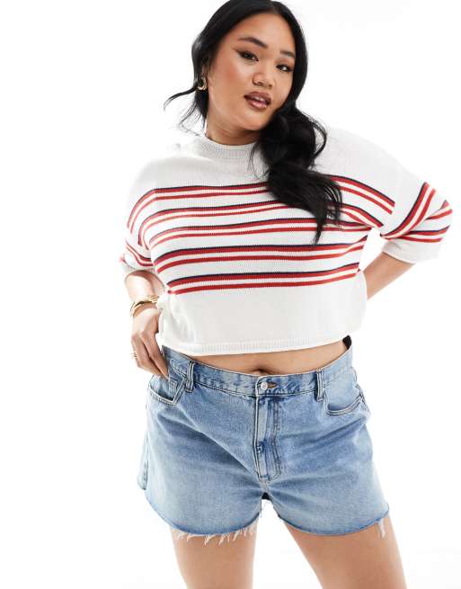 ASOS DESIGN Curve - Pull manches courtes en maille rayée - Rouge