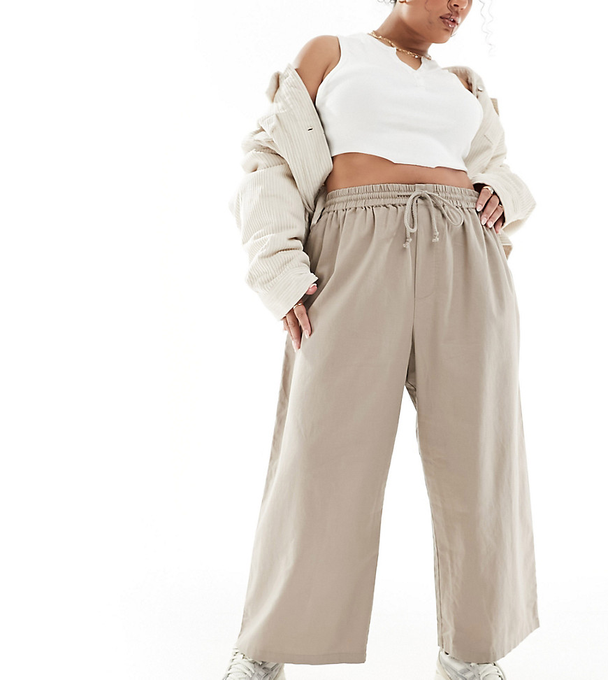 Asos Design Curve Pull On Barrel Leg Pants With Linen In Taupe-neutral