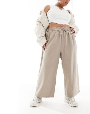 ASOS DESIGN Curve pull on barrel leg trouser with linen in taupe