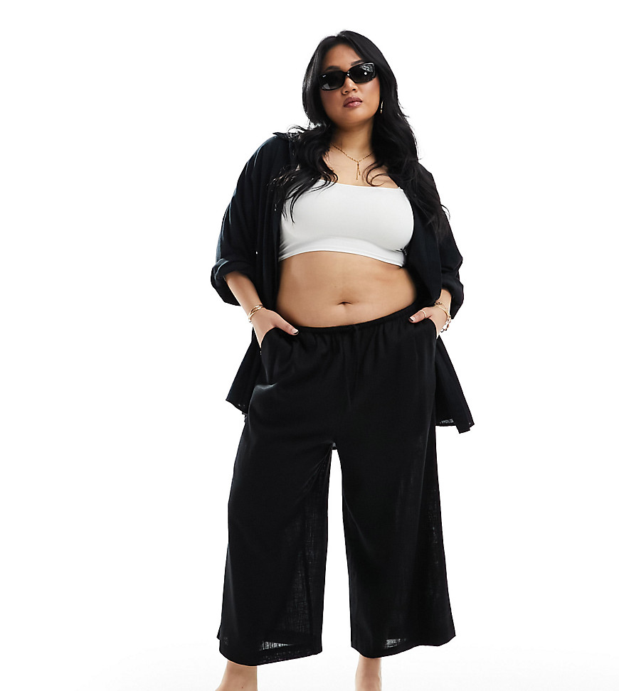 Curve pull on culotte pants with linen in black