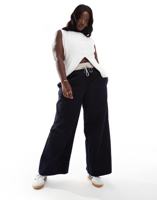 ASOS DESIGN Curve pull on flannel pants with constrast waistband in navy