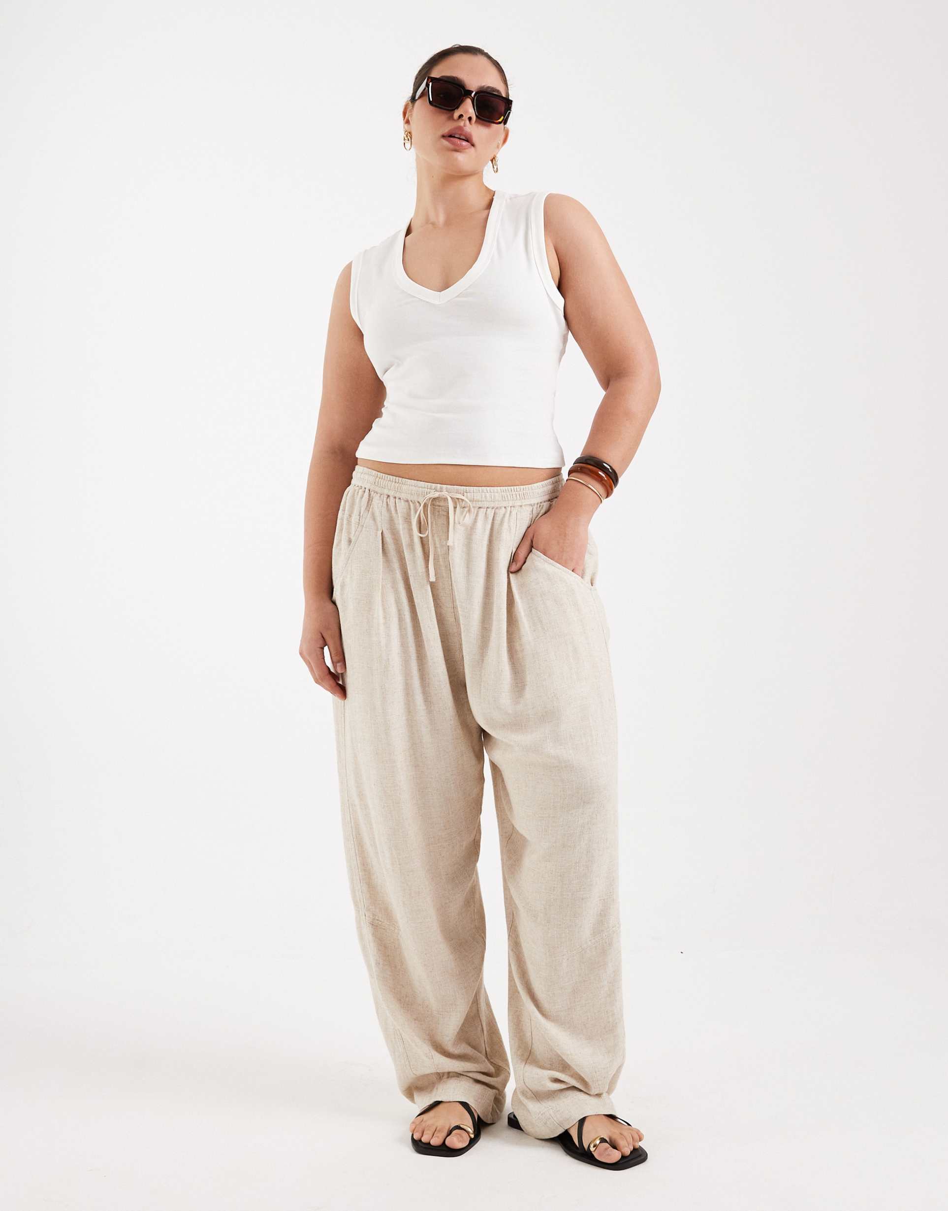 asos design curve pull on linen look twill utility pants in natural