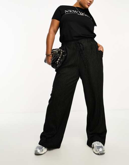 Shape Black Striped Wide Leg Pants, Curve