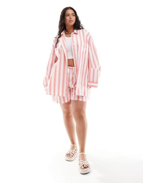 ASOS DESIGN Curve pull on short in red deckchair stripe - view 1
