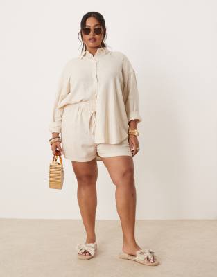 ASOS DESIGN Curve - Pull-on-Shorts in Steinbeige mit Leinenanteil, Kombiteil-Neutral