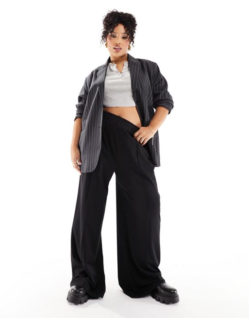 Plus Size Black Pull On Wide Leg Trousers
