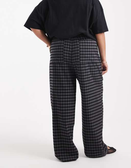 ASOS DESIGN Curve pull on tie waist barrel leg pants in black & gray gingham