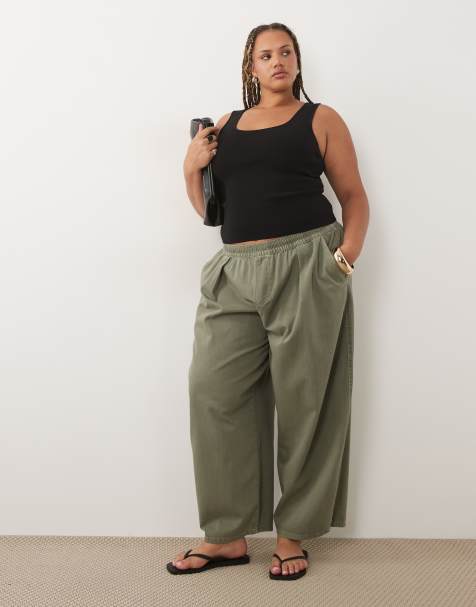ASOS DESIGN Curve pull on tie waist barrel trouser in washed khaki - view 1