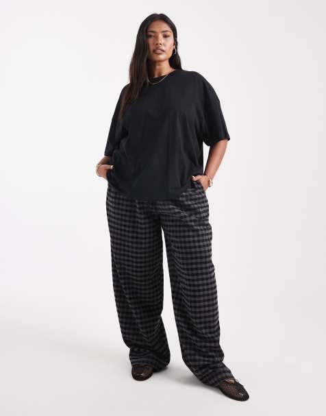 ASOS DESIGN Curve pull on tie waist barrel trousers in black & grey check - view 1