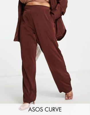 ASOS Curve ASOS DESIGN Curve pull on trouser co-ord in chocolate satin-Brown