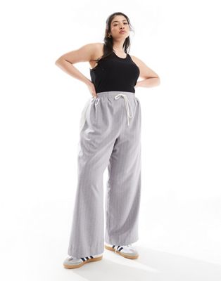 ASOS DESIGN Curve pull on trouser with contrast panel in grey stripe-Multi