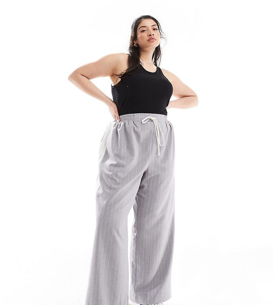 ASOS DESIGN Curve pull on trouser with contrast panel in grey stripe-Multi