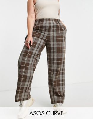 ASOS DESIGN Curve pull on trouser with hammer loop in brown check