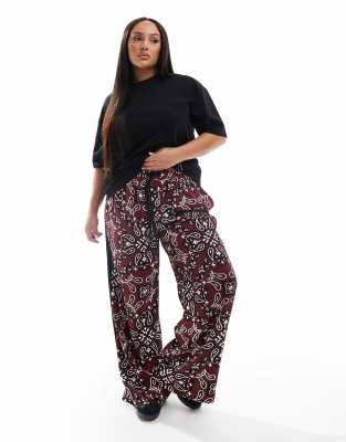 ASOS DESIGN ASOS DESIGN Curve pull on trousers with contrast panel in dark cherry bandada print-Red
