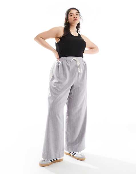 ASOS DESIGN Curve pull on trousers with contrast panel in grey stripe - view 1