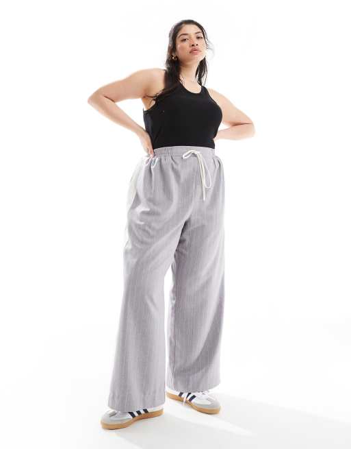 ASOS DESIGN Curve pull on trousers with contrast panel in grey stripe