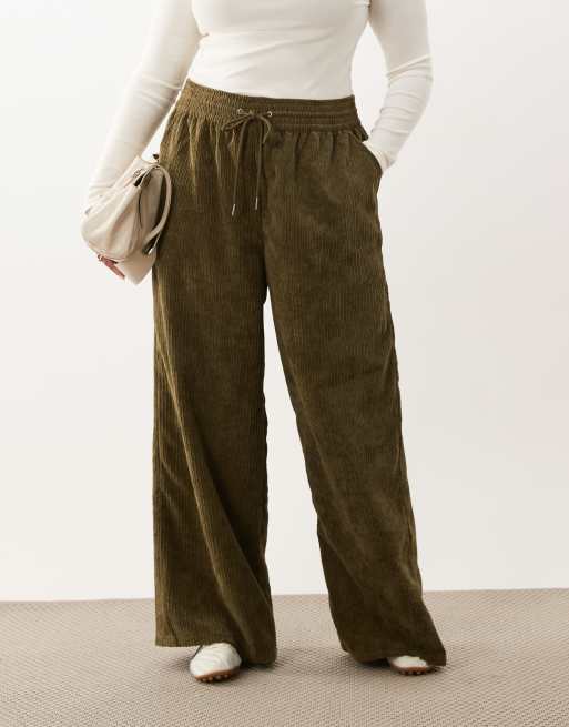 ASOS DESIGN Curve pull on waist wide leg cord pants in dark khaki, 2 of 5