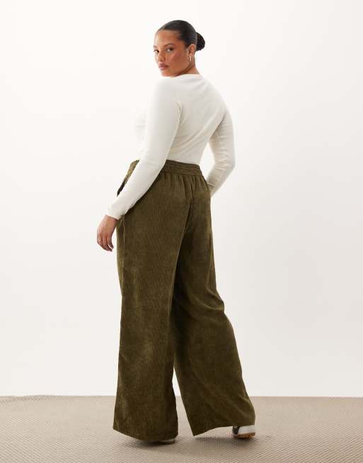 ASOS DESIGN Curve pull on waist wide leg cord pants in dark khaki, 4 of 5