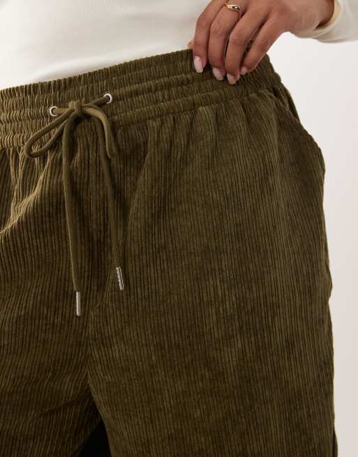 ASOS DESIGN Curve pull on waist wide leg cord pants in dark khaki, 5 of 5
